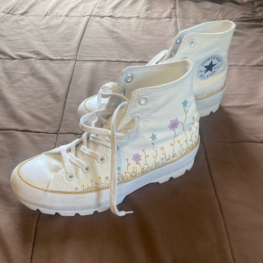 Hand painted white pastel flower high top converse
